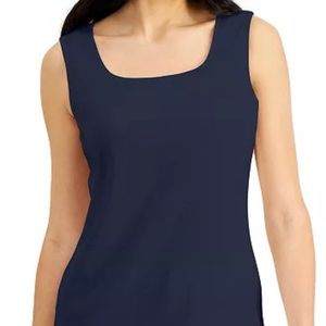 Petite Navy Cotton Square-Neck Tank Top, Karen Scott, medium. Navy blue.